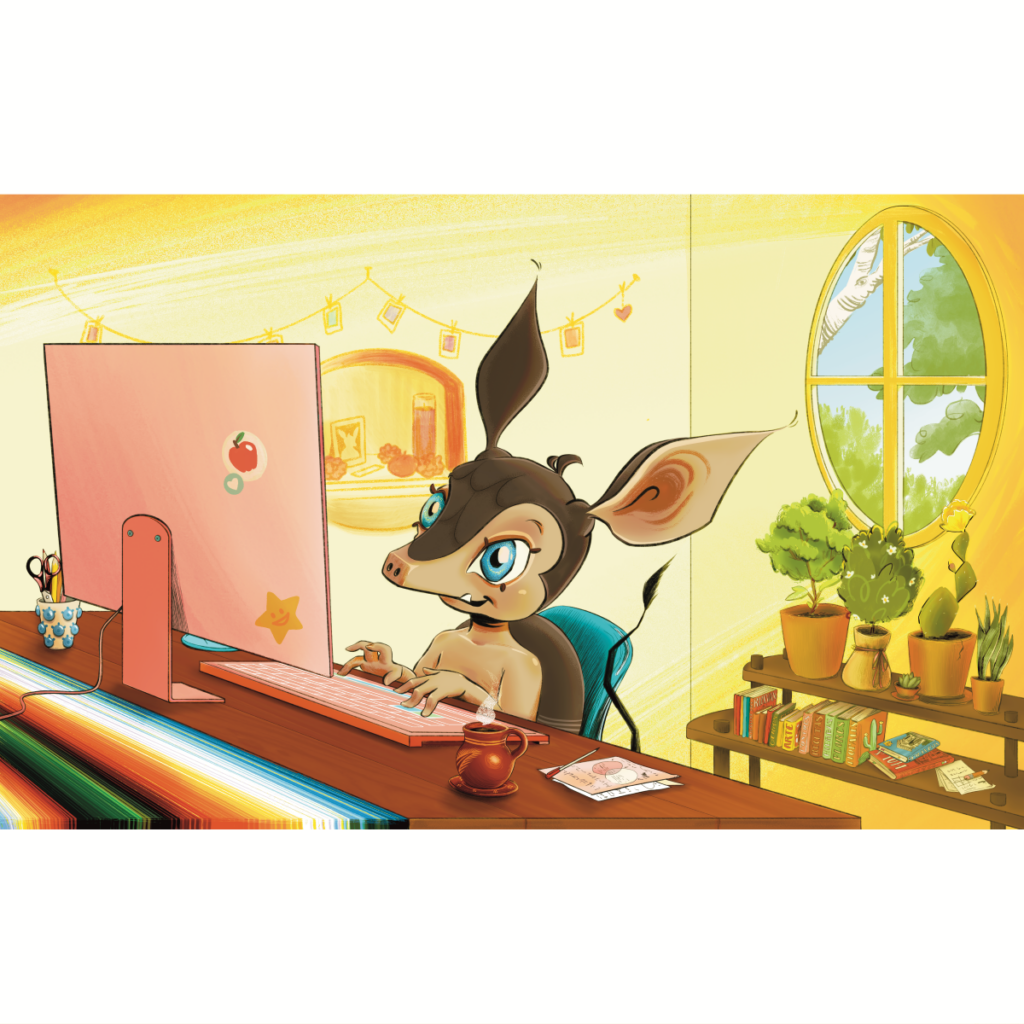 Armadillo sits at a desk and types on a computer in a bright yellow office with plants behind their chair.